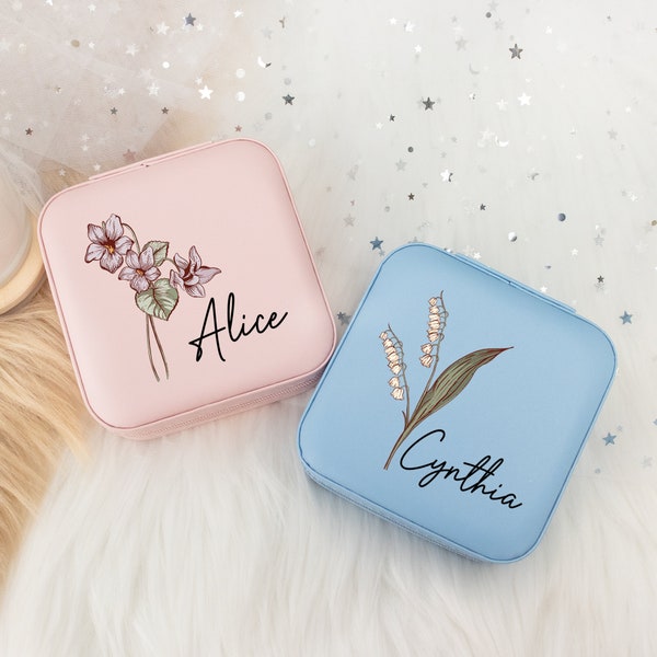 Personalized Birth Flower Jewelry Box,Leather Travel Jewelry Case,Women Jewelry Box,Bridesmaid Gift,Mother's Day Gift,Birthday Gift for Her