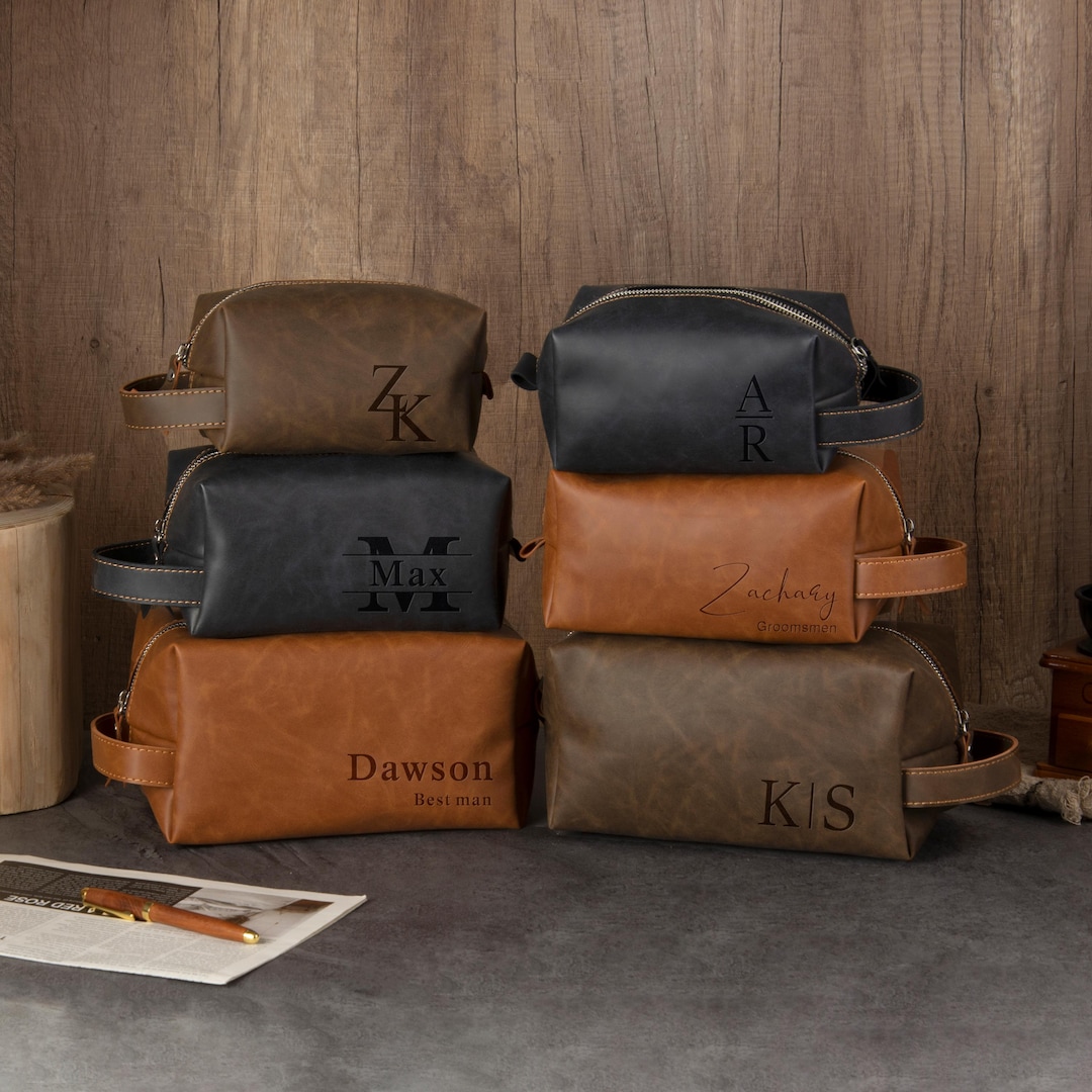 Laser Engraved Leather Travel Dopp Kit, Personalized Toiletry Bag for ...