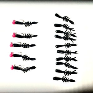 1” ice bones with 1/80 oz jig- 5 pack with 10 extra plastics.