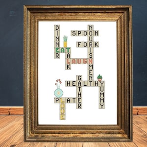Crossword Puzzle Dining Eat Laugh Love Words with Plants Cross Stitch Pattern. PDF Instant Download.