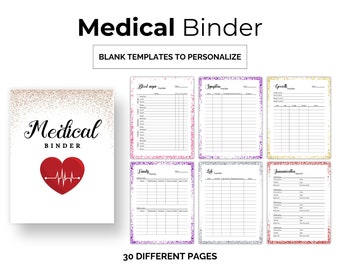 May include: A printable medical binder with a gold glitter cover and a red heart with a heartbeat graphic. The binder includes 30 different pages for tracking blood sugar, symptoms, growth, family history, labs, and immunizations.