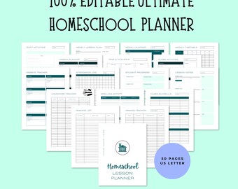 May include: A printable homeschool lesson planner with 50 pages in US letter size. The planner includes pages for quiet activities, weekly lesson plans, weekly planners, weekly timetables, website trackers, attendance logs, student progress, lesson notes, homework trackers, well-being activities, class schedules, reading lists, and grade trackers. The planner is 100% editable and features a black and white design with teal accents.
