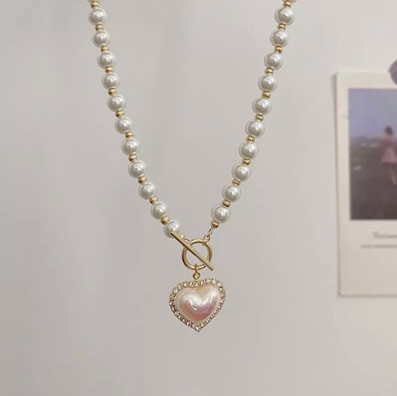 Pearl Heart Necklace Dainty Pearl Heart Necklace Heart Etsy