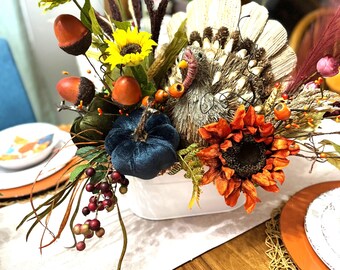 Turkey Thanksgiving Centerpiece, Fall Table Decor with Pumpkins