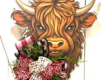 Rustic Highland Cow Door Hanger: Farmhouse Decor with Bandana & Buffalo Plaid Bow