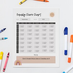 May include: A printable chore chart for a family with a black and white design. The chart is for the month of September and includes a list of chores for each day of the week for Mom, Dad, Elijah, Levi, and Micah. The chart also includes a note that says "Don't forget Ninja class is Tuesday at 4!"