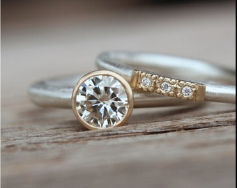 1 CT Round Cut Moissanite Bezel Set Bridal Set Ring - 10K Silver Gold Engagement Wedding Ring Set - Vintage Inspired Band - Promise Ring