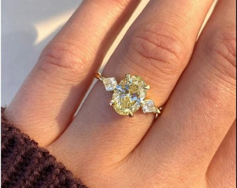 Anillo de compromiso de moissanita de corte ovalado amarillo de 3 quilates, anillo de moissanita de tres piedras, anillo de diamantes de boda, anillo de aniversario, el mejor regalo para ella