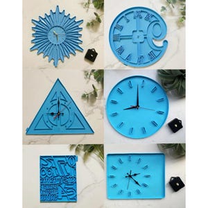 May include: Set of six blue silicone clock face molds. The molds are in various shapes, including a circle, square, triangle, and a starburst. Each mold has a clock face design with numbers and markings for the hours and minutes.