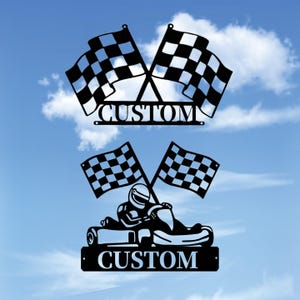 Custom Checkered Flag Racing Sign, Personalized Gift for Racer, Custom Racer Name Sign, Racing Flag Metal Wall Art