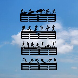 May include: Four black metal medal display racks with different sports silhouettes. The top rack features a horse rider, a cyclist, a runner, and a person on a jet ski. The second rack features a soccer player, a basketball player, a volleyball player, and a tennis player. The third rack features a baseball player, a martial arts fighter, a weightlifter, and a person doing a bench press. The bottom rack features a skier, a snowboarder, a person on a ski jump, and a person on a sled.