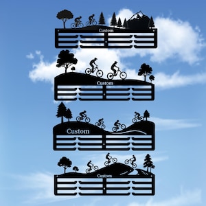 Aangepaste medaillehouder wielerwedstrijd, aangepaste namen fietsers, gekleurde medaillerek medailles en linten, mountainbike display Awards-bord
