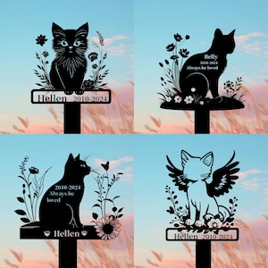 May include: Four black metal silhouettes of cats with flowers and a personalized nameplate. The nameplates read "Hellen 2010-2024" and "Belly 2010-2024 Always be loved".