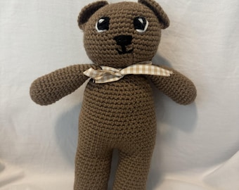 Handmade Crochet Teddy Bear with Gingham Bow | Plush Toy Companion