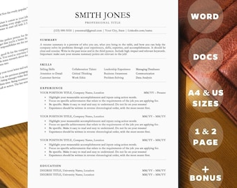 Modello di curriculum minimalista pulito Word, Google Docs / Curriculum professionale moderno a una colonna / Curriculum di 1 e 2 pagine, lettera di presentazione, riferimenti