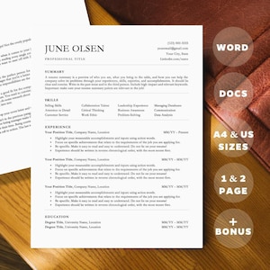 以下が含まれることがあります： 「June Olsen」という名前が上部に記載された、プロフェッショナルな履歴書のテンプレート。 履歴書には、概要、スキル、経験、学歴のセクションが含まれています。 デザインはすっきりとしていてモダンで、読みやすさに重点を置いています。 画像には「WORD」、「DOCS」、「A4 & US SIZES」、「1 & 2 PAGE」、「+ BONUS」というテキストも含まれています。