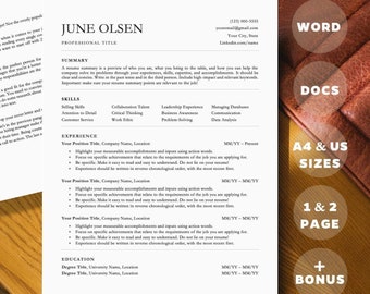 May include: A professional resume template with the name "June Olsen" at the top. The resume includes sections for summary, skills, experience, and education. The design is clean and modern, with a focus on readability. The image also includes the text "WORD", "DOCS", "A4 & US SIZES", "1 & 2 PAGE", and "+ BONUS".