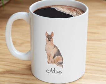 Custom Dog Mug, White Ceramic Coffee Cup with Dog Breed Watercolor Illustration, Personalized Name Message,  Pet Lover Gift, Dog Mom Dad Mug