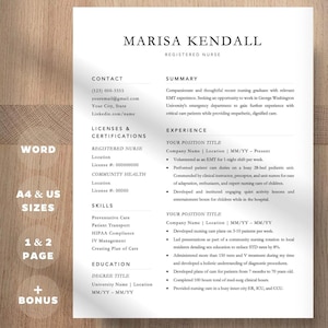 Op de afbeelding: Een zwart-witte cv-sjabloon met de naam Marisa Kendall, geregistreerd verpleegkundige, bovenaan. De cv bevat contactgegevens, licenties en certificeringen, vaardigheden, ervaring en opleiding.