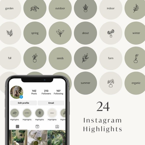 Plants Highlight Story Icons | Instagram Green Sage Theme Modern Garden Covers | Neutral Story Buttons for Bloggers | Customizable in CANVA