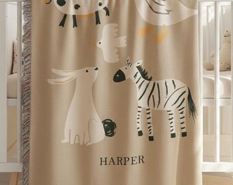 Personalized Baby Woven Blanket, Custom Name Minimalist Animal Blanket, Cute Cotton Newborn Keepsake, Unique Baby Shower Gift