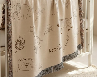 Custom Baby Minimalist Blanket, Safari Animal Pattern Baby Name Woven Blanket, Personalized Cotton Blanket Newborn Keepsake, Baby Shower