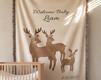 Welcome Baby Name Blanket, Cozy Holiday Woven Throw with Deer Family, Custom Newborn Christmas Gift, Baby Shower Keepsake, Nursery Decor