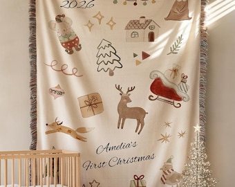 First Christmas Personalized Baby Blanket, Custom Baby Name Woven Throw, Holiday Newborn Blanket, Christmas Keepsake Gift, Nursery Decor