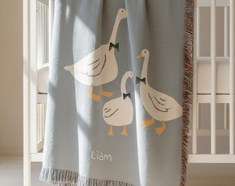 Welcome Little One Blanket, Personalized Baby Name Woven Blanket, Custom Cotton Blue Duck Family Blanket Keepsake, Newborn Baby Shower Gift
