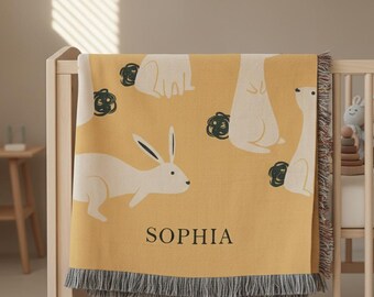 Personalized Baby Name Woven Blanket, Custom Cute Rabbit Pattern Baby Gift, Cozy Cotton Blanket, Newborn Gift Idea, Baby Holiday Keepsake