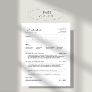 May include: A black and white resume template with the title "1 Page Version" at the top. The resume is for June Olsen, who is applying for a professional title. The resume includes sections for summary, skills, experience, and education.