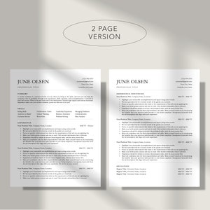 May include: A two-page resume template with a black and white design. The resume is for June Olsen, who is applying for a professional title. The resume includes a summary, skills, experience, and education sections. The resume is formatted with a clean and modern design.