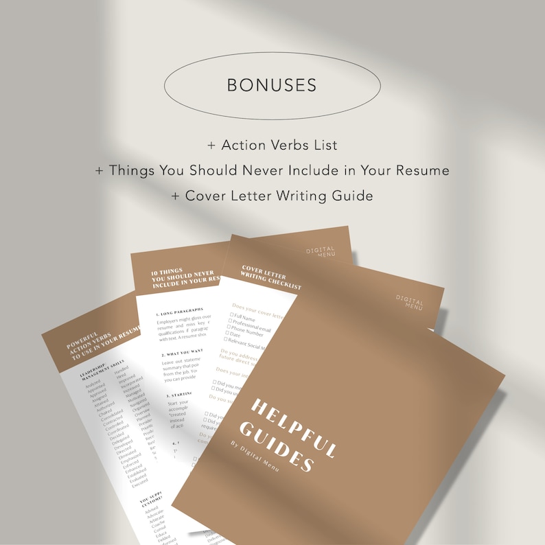 May include: A set of three brown paper guides with white text. The guides are titled "Powerful Action Verbs to Use in Your Resume", "10 Things You Should Never Include in Your Resume", and "Cover Letter Writing Checklist". The guides are part of a larger set titled "Helpful Guides by Digital Menu".