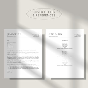 May include: A black and white cover letter and references template with the text "Cover Letter & References" at the top. The document is for June Olsen, with a professional title, phone number, email address, and LinkedIn profile.