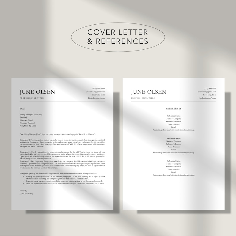 May include: A black and white cover letter and references template with the text "Cover Letter & References" at the top. The document is for June Olsen, with a professional title, phone number, email address, and LinkedIn profile.