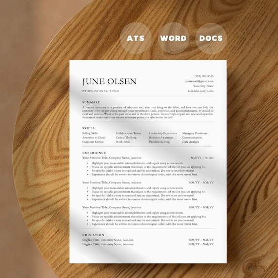 ATS-Friendly Resume Template | Word, Google Docs | Simple Professional Minimalistic Modern | 1 and 2 Page Resume, Cover Letter, References