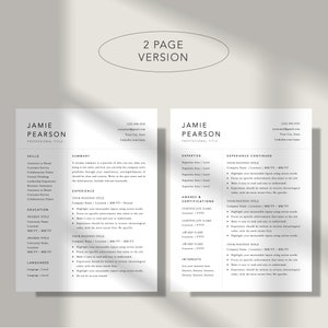 Pu&ograve; includere: Un modello di curriculum vitae su due pagine con un design minimalista. Il curriculum vitae &egrave; per Jamie Pearson, che elenca le sue competenze, esperienza, istruzione e premi. Il curriculum vitae include una sezione di riepilogo, in cui Jamie descrive le sue competenze e la sua esperienza.