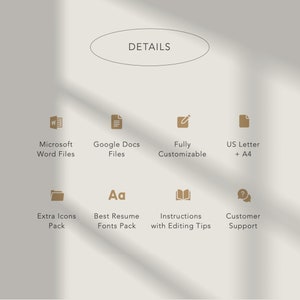 May include: A graphic with details about a resume template. The template is available in Microsoft Word and Google Docs formats. It is fully customizable and comes in US Letter and A4 sizes. The template includes extra icons, best resume fonts, instructions with editing tips, and customer support.