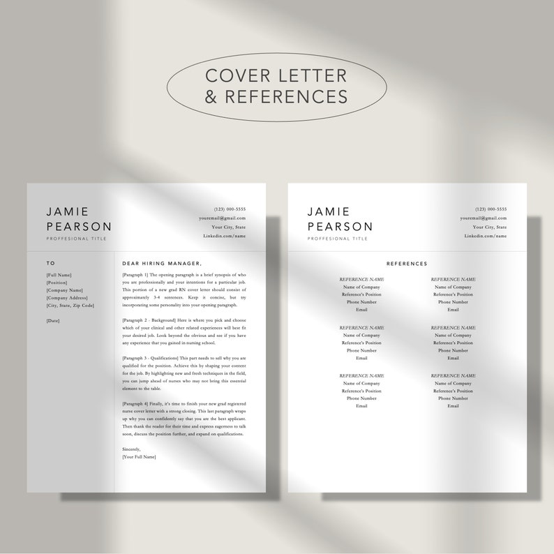 Pu&ograve; includere: Un modello di lettera di presentazione e referenze in bianco e nero con il nome Jamie Pearson in cima a ciascuna pagina. La lettera di presentazione include un paragrafo di esempio per un responsabile delle assunzioni. La pagina delle referenze include una tabella con spazio per quattro referenze.