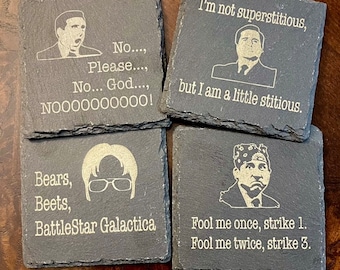 The Office Slate Coasters (set of 4 -includes custom holder). Michael Scott, Dwight Schrute, Jim, Kevin, Pam, Dunder Mifflin.  Office Gift.