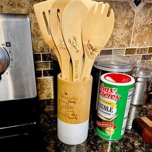 Cajun Bamboo Cooking Spoons with optional holder (Set of 6 & Singles avail). Cajun Food Gifts | New Orleans Gifts | Crawfish | NOLA Gifts