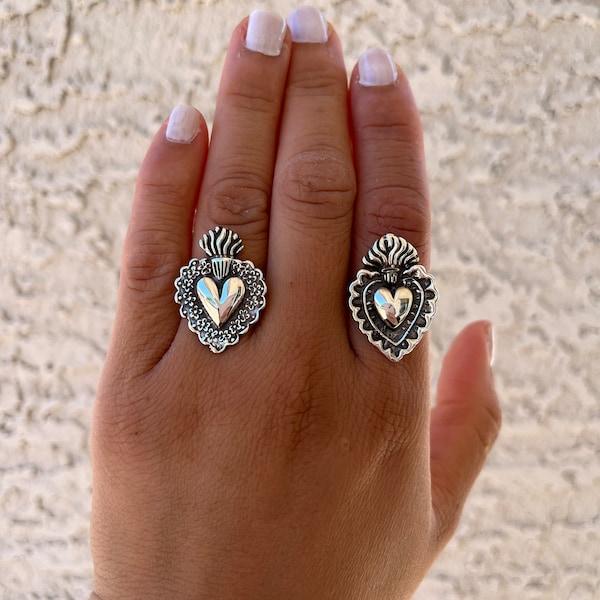 Sterling silver sacred heart ring/ 925 handmade ring from Mexico/ Latin heart ring/ big sacred heat ring/ Non-tarnish sacred heart ring