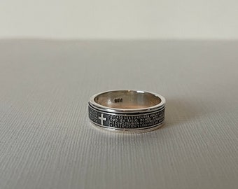 Mannen Sterling zilveren religieuze ring/925 mannen spinner ring/mannen katholieke ring/Onze Vader met kruis ring/Latijnse religieuze gebedsring