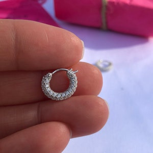 Huggie earrings/ Zirconia hoop earrings/ Sterling silver earrings/ Tiny hoop earrings/ Simple earrings/ Silver huggies/ Pink huggies