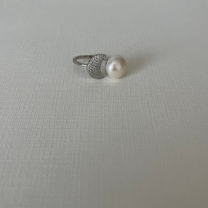 Sterling silver half moon ring/ Paved cubic zirconia sterling silver moon ring/Freshwater pearl with shimmery stones ring Crescent moon ring