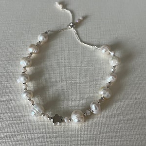 Sterling silver star adjustable bracelet/ Natural freshwater non-elastic bracelet/ Pearl beaded adjustable bracelet/ Unshaped pearl bracelet