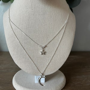 Sterling silver moon and star double strand necklace/Celestial women necklace/925 sparkly women necklace/Crescent moon necklace/Gift for her