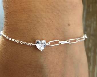 Mini zircon heart bracelet/Half paper clip bracelet/Shiny heart bracelet/Dainty bracelet/Minimalist heart bracelet/Solid silver bracelet