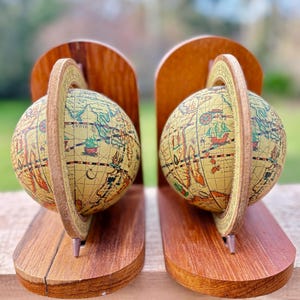 Vintage Spinning Globe Bookends | Mid-Century Italian Style | 17th Century Map Repro | Old World Decor | Latin Zodiac Design