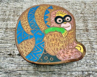 Vintage Enamel Monkey Trinket Box, Cloisonné Style Copper Box, Animal Jewellery Trinketry.